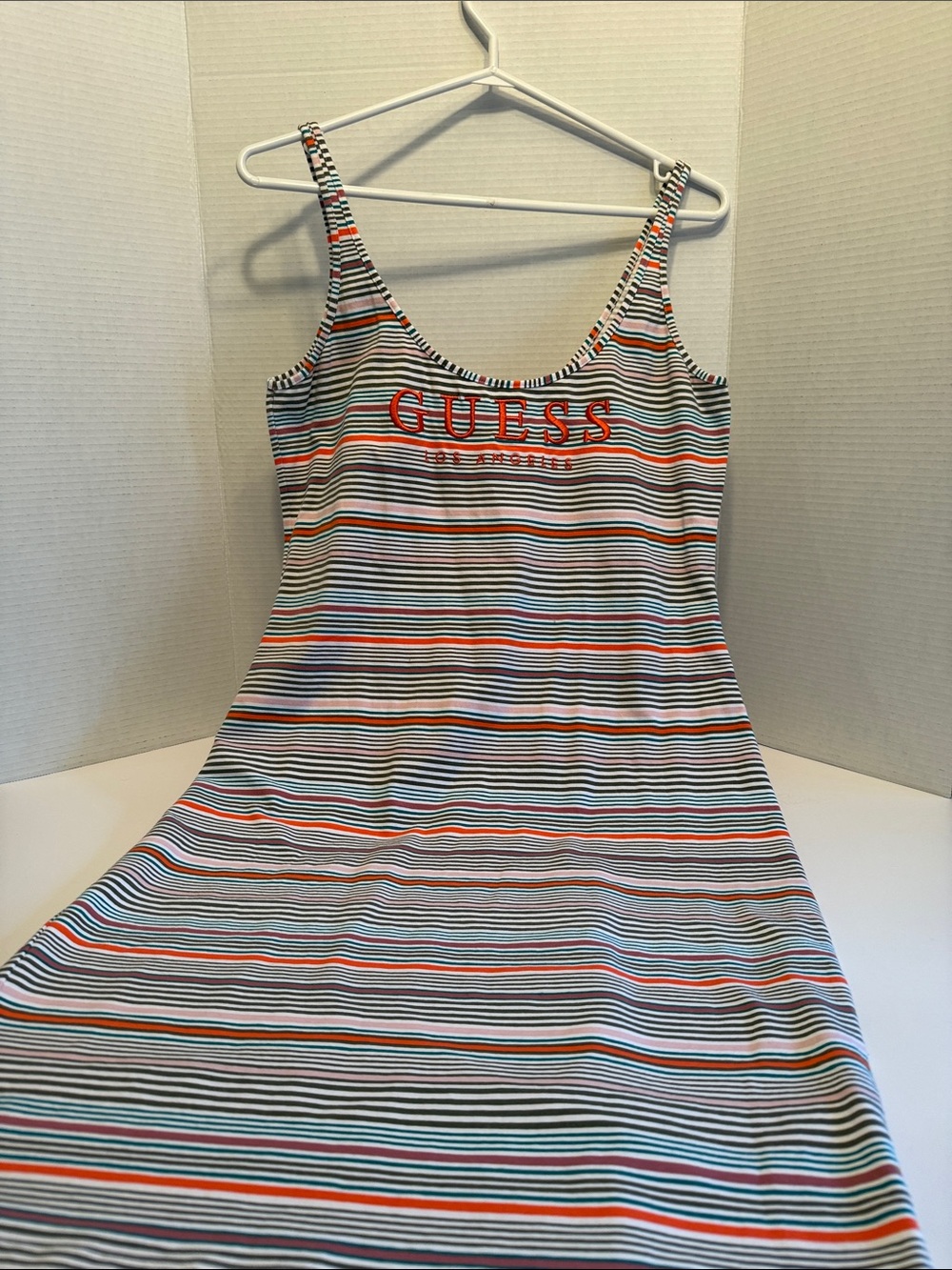 GUESS Striped Tank Dress — Orange, Black & White